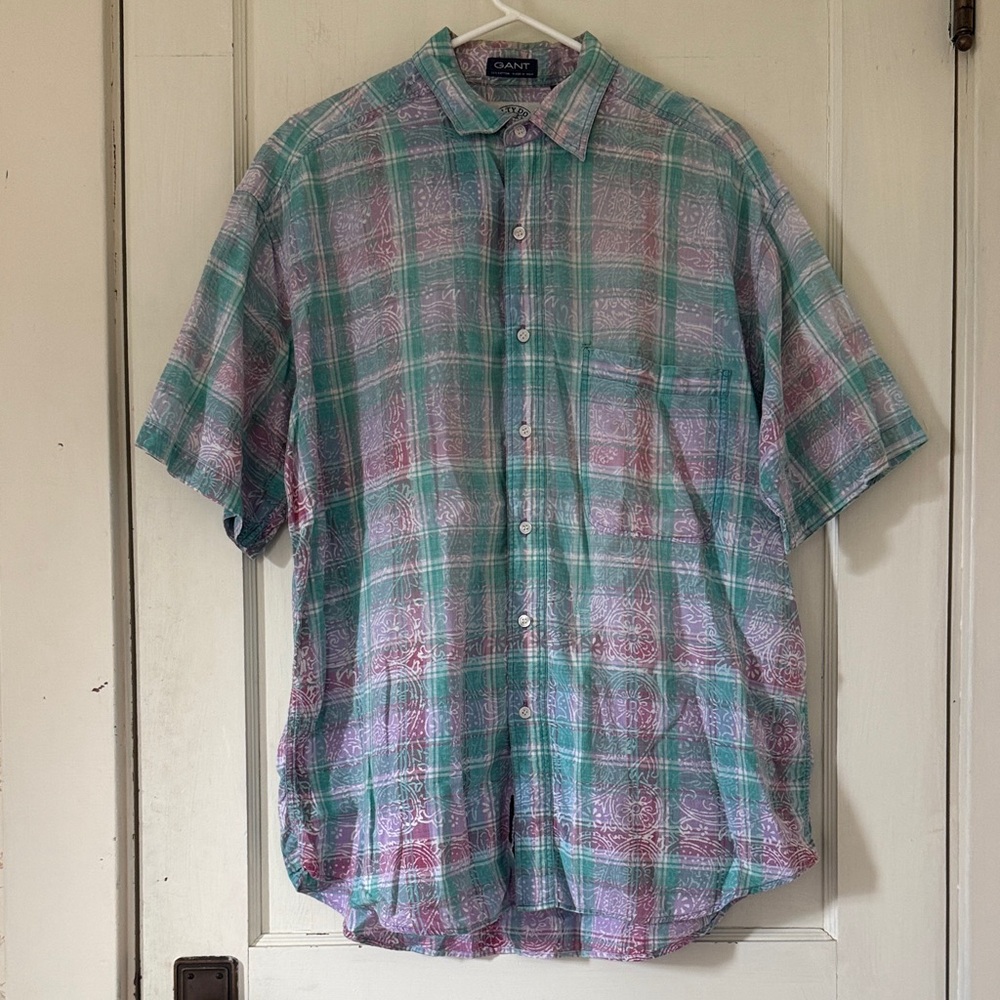 100% Cotton Gant Vintage Short-Sleeve Plaid Button-Down in Mint Green & Lavender
